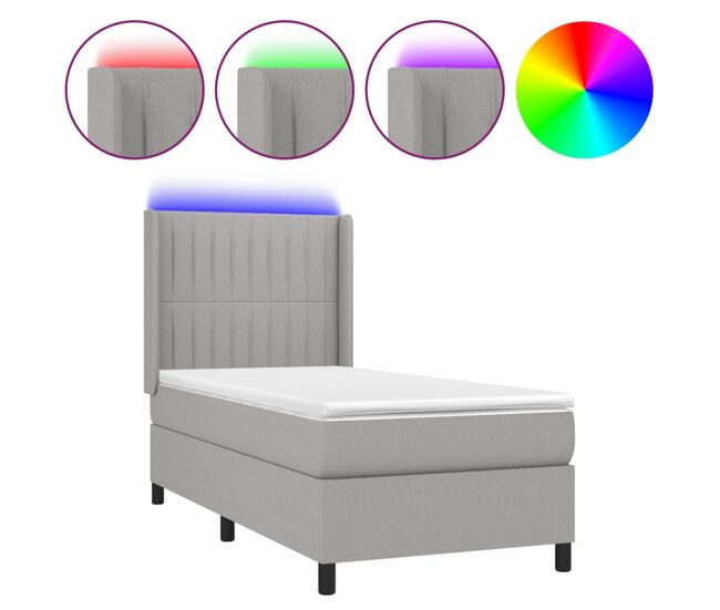 Cama box spring colchón y luces led tela gris claro 90x190 cm rayas verticales