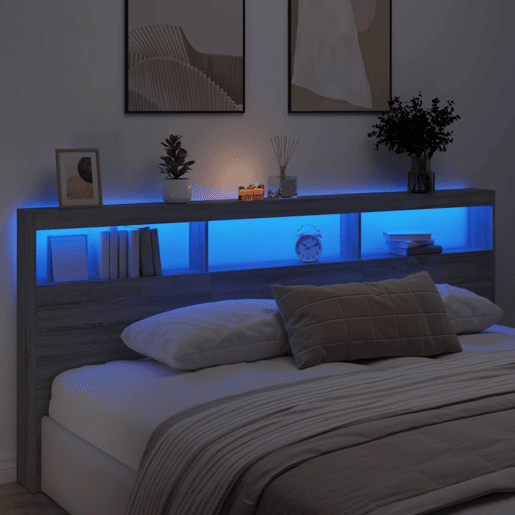 vidaXL Armário de cabeceira c luzes LED 220x17x102 cm cinzento sonoma vidaXL Armário de cabeceira c luzes LED 220x17x102 cm cinzento sonoma
