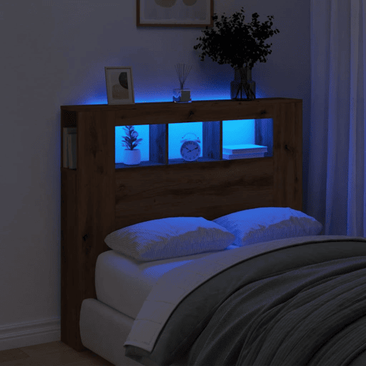 vidaXL Cabeceira com luzes LED derivados de madeira carvalho artisiano