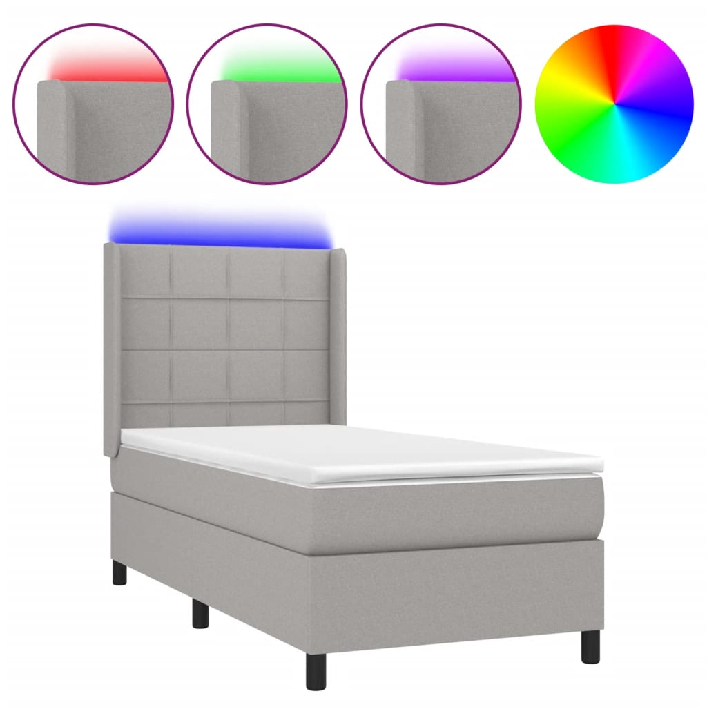 Cama box spring colchón y luces led tela gris claro 90x190 cm bloques con cuadros