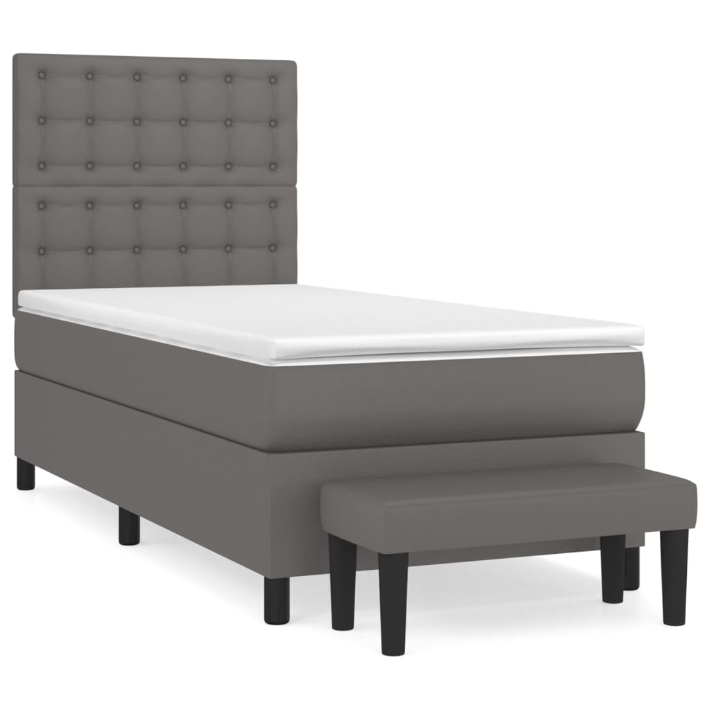 Cama box spring con colchón cuero sintético gris 100x200 cm botones