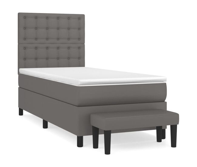 Cama box spring con colchón cuero sintético gris 100x200 cm botones