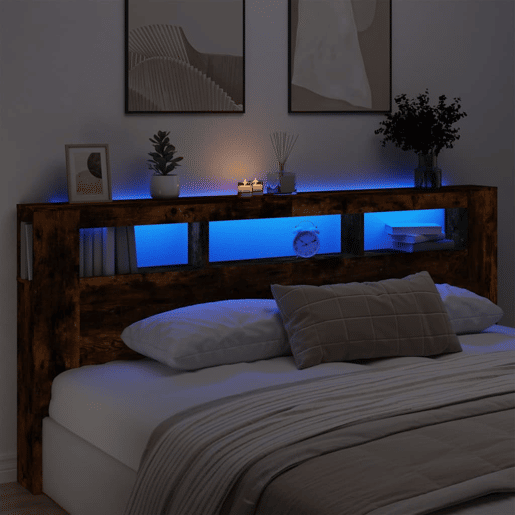 vidaXL Cabeceira c LEDs 220x18,5x103,5 cm carvalho fumado
