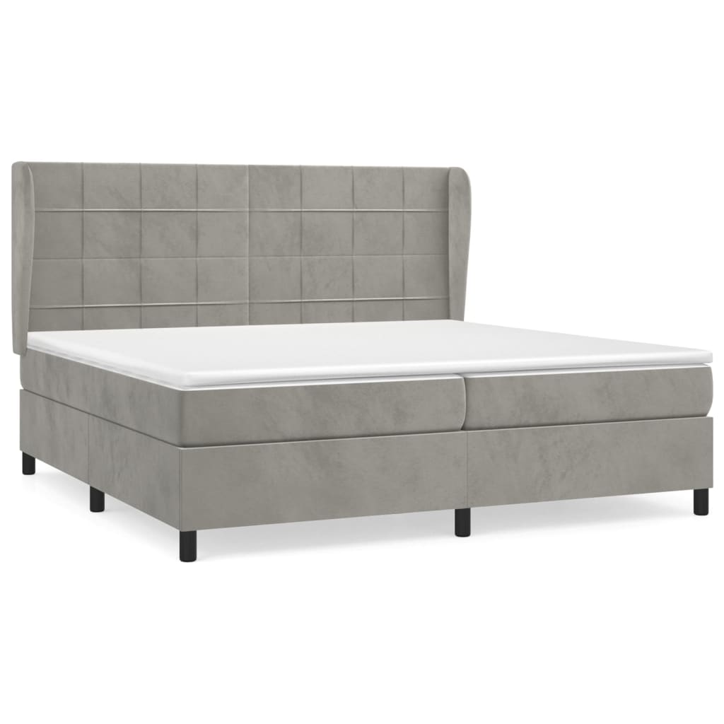 Cama box spring con colchón terciopelo gris claro 200x200 cm bloques con cuadros