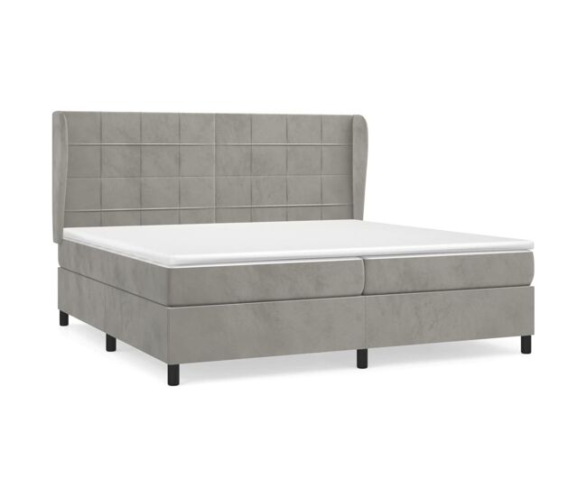 Cama box spring con colchón terciopelo gris claro 200x200 cm bloques con cuadros