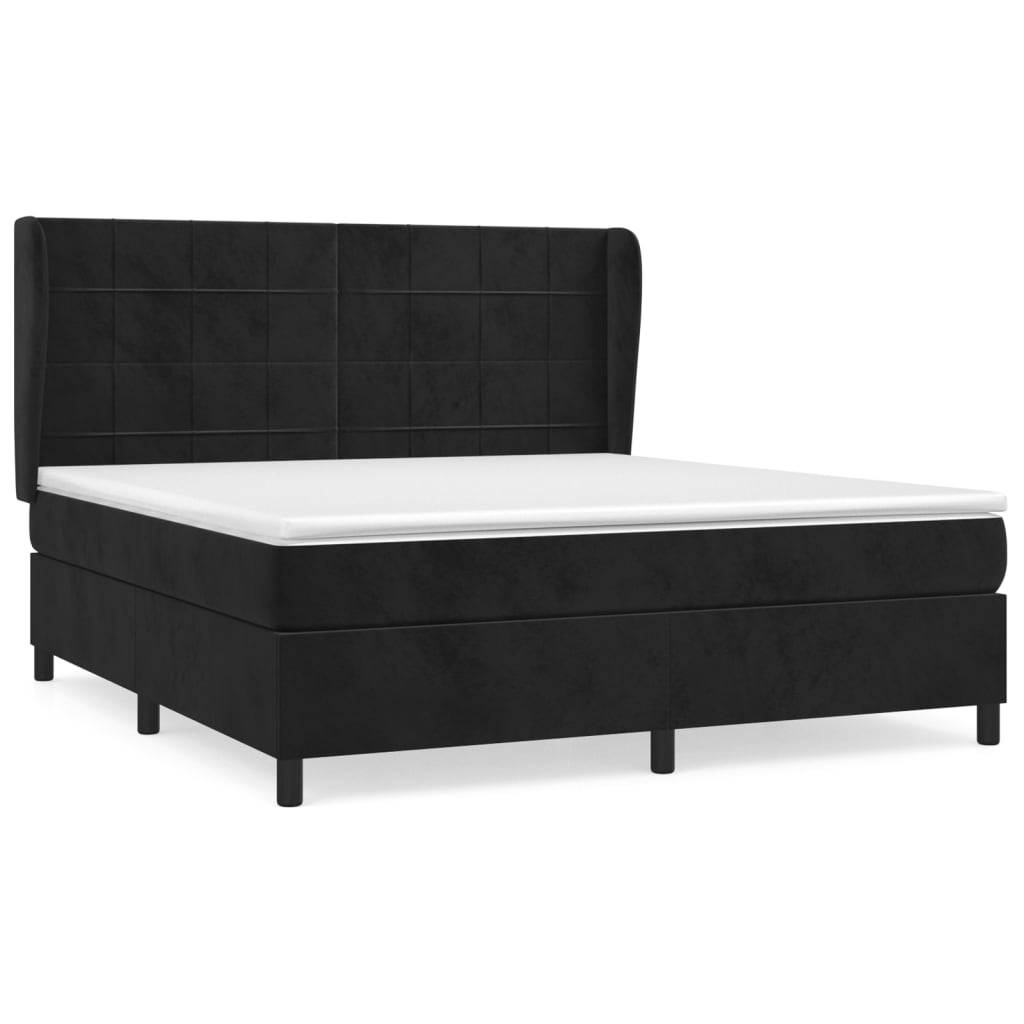 Cama box spring con colchón terciopelo negro 160x200 cm bloques con cuadros