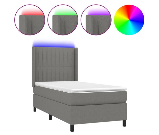 Cama box spring colchón y luces led tela gris oscuro 100x200 cm rayas verticales