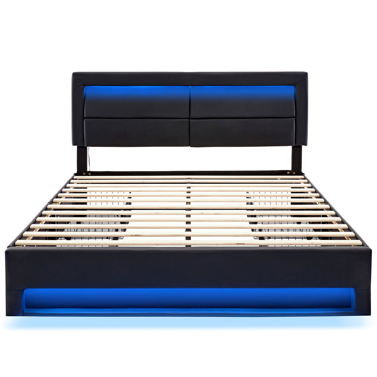 Cama doble 140x200 cm en símil piel con led - 4 cajones - con puertos de carga (por cable e inalámbrico) - negro
