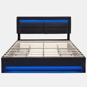 Cama de casal 140x200 cm em imitação de pele com LED - 4 gavetas - com portas de carregamento (com e sem fios) - Preto