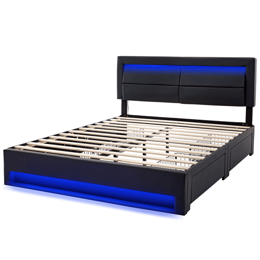 Cama de casal 140x200 cm em imitação de pele com LED - 4 gavetas - com portas de carregamento (com e sem fios) - Preto