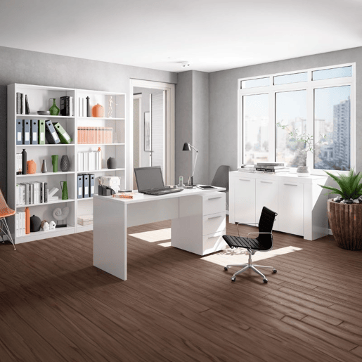Conjunto de móveis de escritório branco moderno (mesa + aparador + 2 prateleiras)