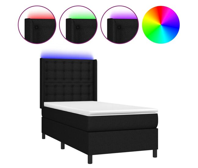 Cama box spring colchón y luces led tela negro 80x200 cm botones