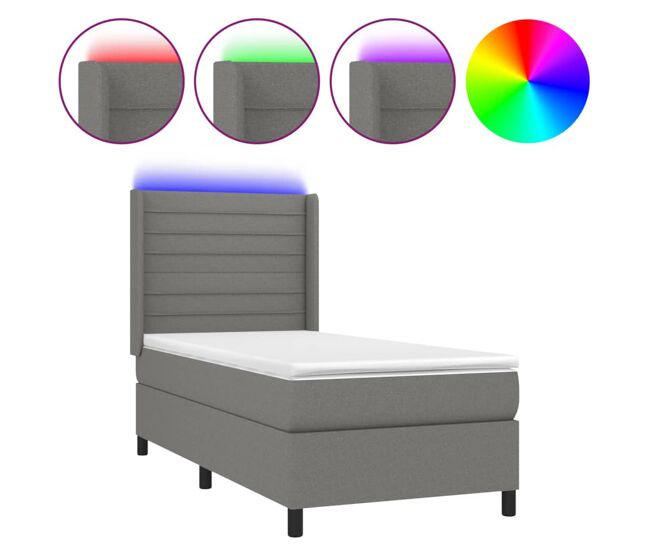 Cama box spring colchón y luces led tela gris oscuro 90x200 cm rayas horizontales