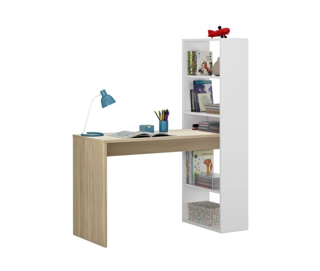 Pack muebles de oficina dormitorio juvenil color blanco artik y roble canadian (mesa duplo + estantería)