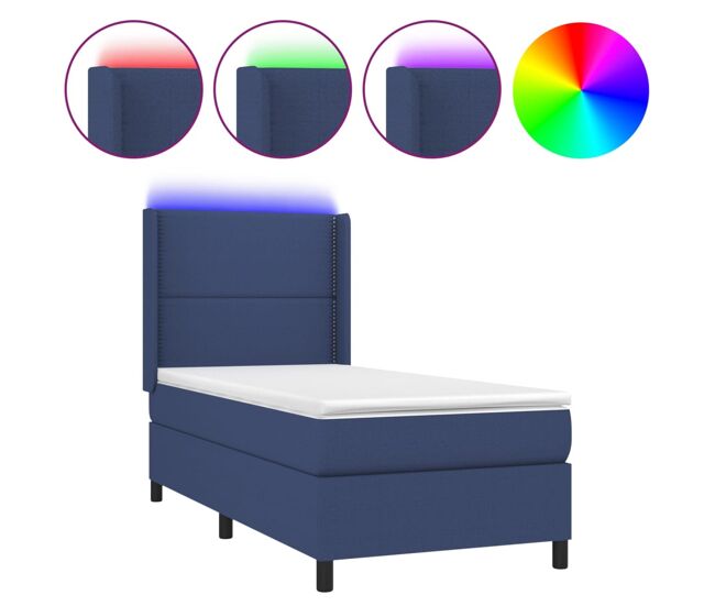 Cama box spring colchón y luces led tela azul 100x200 cm liso con clavos