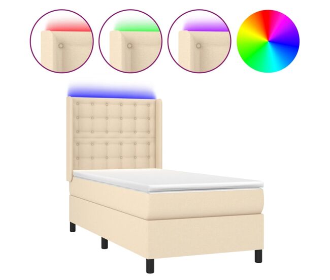 Cama box spring colchón y luces led tela crema 100x200 cm botones