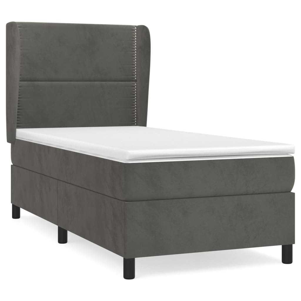 Cama box spring con colchón terciopelo gris oscuro 90x200 cm liso con clavos