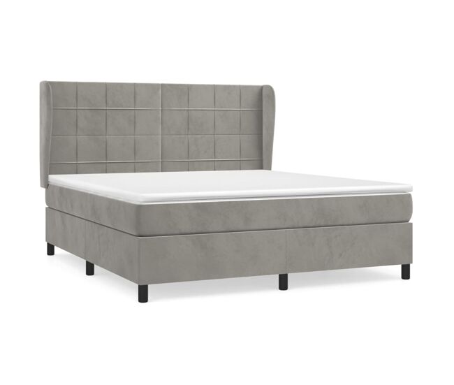 Cama box spring con colchón terciopelo gris claro 160x200 cm bloques con cuadros
