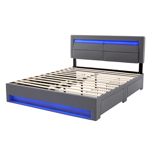 Cama de casal 140x200 cm em imitação de pele com LED - 4 gavetas - com portas de carregamento (com e sem fios) - Cinzento