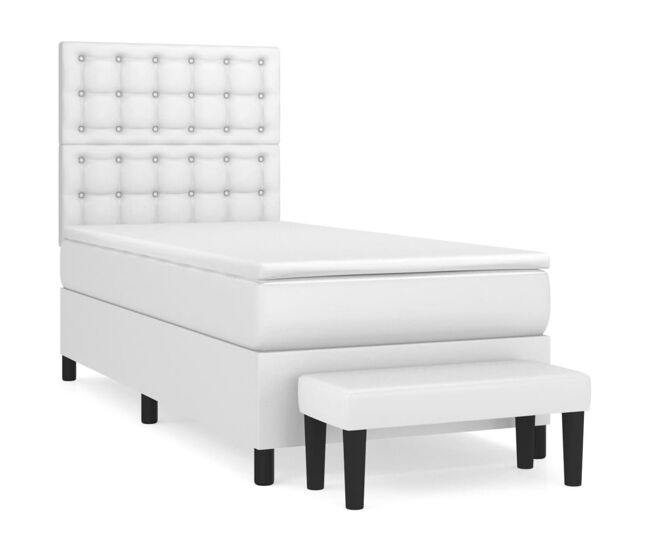 Cama box spring con colchón cuero sintético blanco 90x190 cm botones
