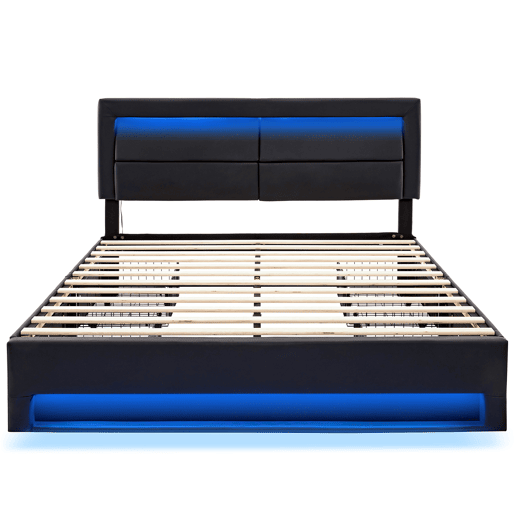 Cama de casal 140x190 cm em imitação de pele com LED - 4 gavetas - com portas de carregamento (com e sem fios) - Preto