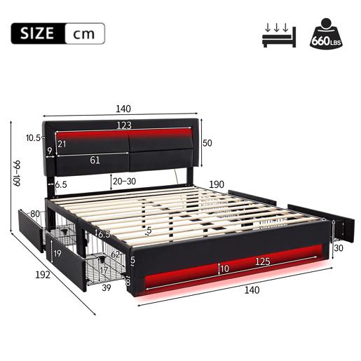 Cama de casal 140x190 cm em imitação de pele com LED - 4 gavetas - com portas de carregamento (com e sem fios) - Preto