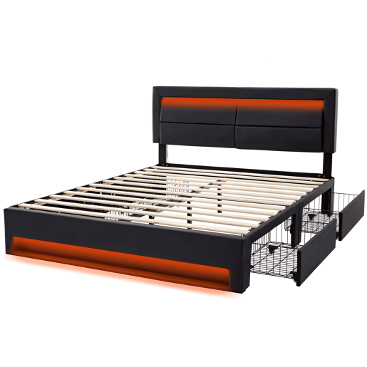 Cama de casal 140x190 cm em imitação de pele com LED - 4 gavetas - com portas de carregamento (com e sem fios) - Preto