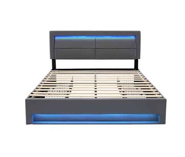 Cama doble 140x190 cm en símil piel con led - 4 cajones - con puertos de carga (por cable e inalámbrico) - gris