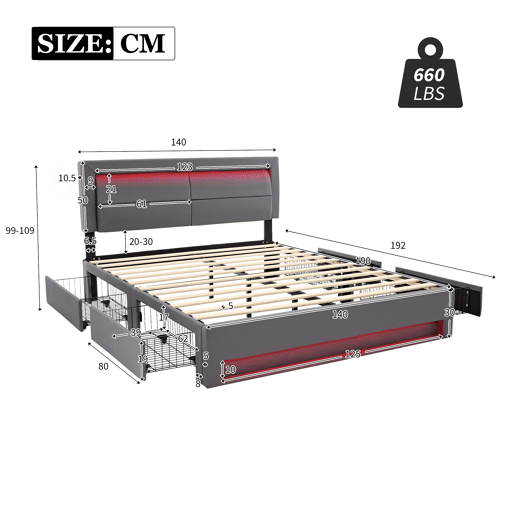 Cama de casal 140x190 cm em imitação de pele com LED - 4 gavetas - com portas de carregamento (com e sem fios) - Cinzento