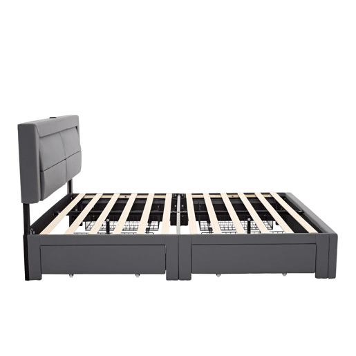 Cama de casal 140x190 cm em imitação de pele com LED - 4 gavetas - com portas de carregamento (com e sem fios) - Cinzento