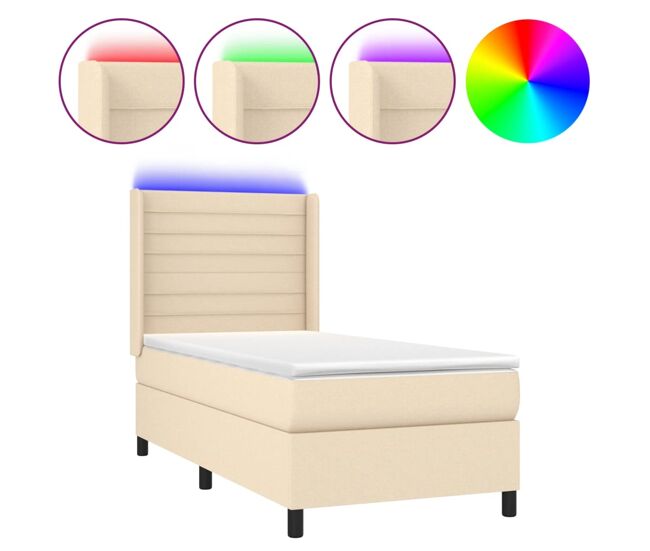 Cama box spring colchón y luces led tela crema 100x200 cm rayas horizontales