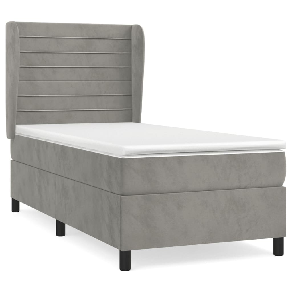 Cama box spring con colchón terciopelo gris claro 90x190 cm rayas horizontales
