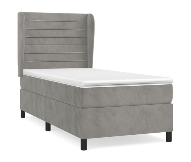Cama box spring con colchón terciopelo gris claro 90x190 cm rayas horizontales