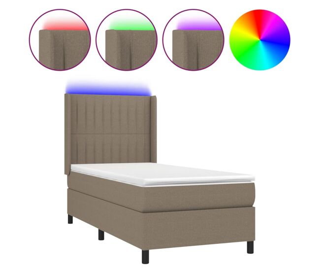 Cama box spring colchón y luces led tela gris taupe 100x200 cm rayas verticales