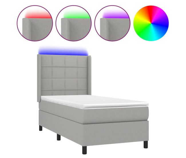 Cama box spring colchón y luces led tela gris claro 80x200 cm bloques con cuadros