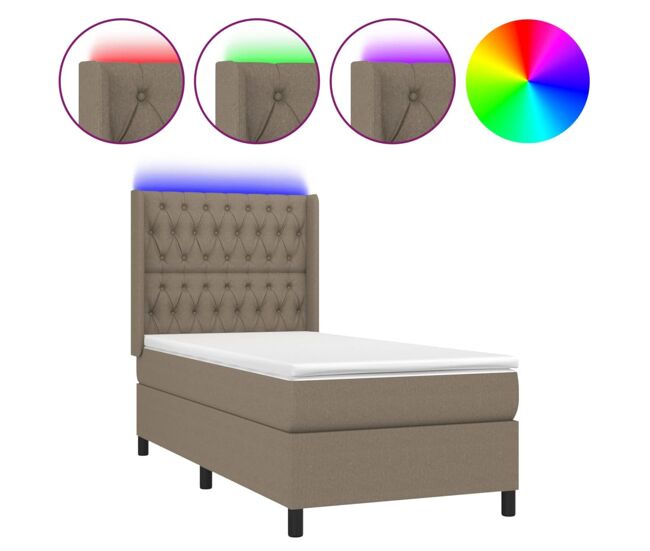 Cama box spring colchón y luces led tela gris taupe 100x200 cm diseño de botones
