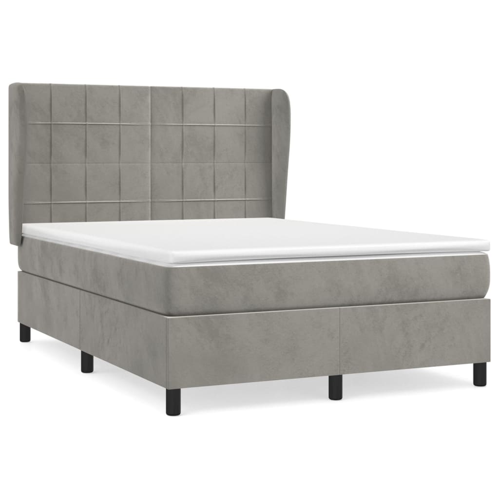Cama box spring con colchón terciopelo gris claro 140x200 cm bloques con cuadros