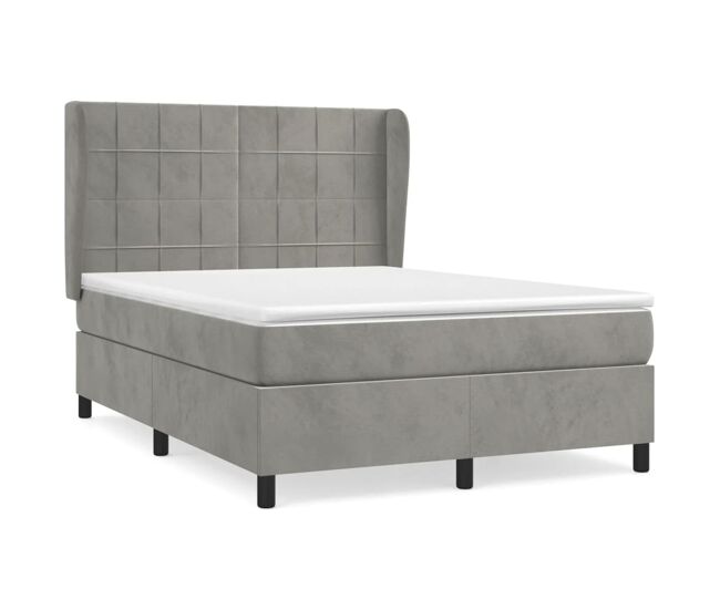 Cama box spring con colchón terciopelo gris claro 140x190 cm bloques con cuadros