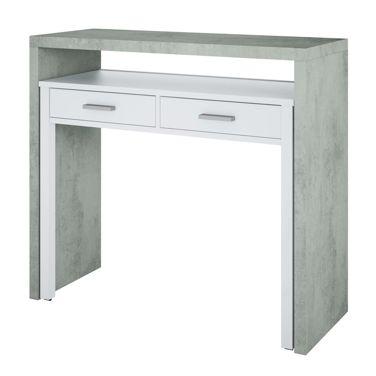 Pack plutón escritorio extensible y estantería moderna salón o despacho color cemento y blanco