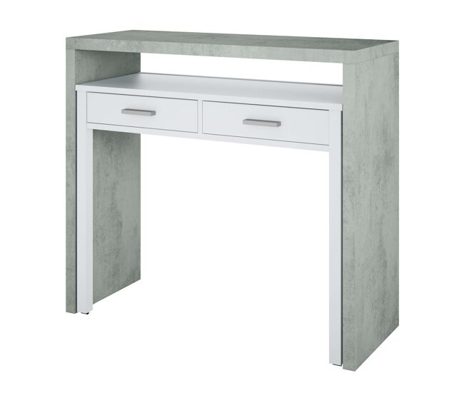 Pack plutón escritorio extensible y estantería moderna salón o despacho color cemento y blanco