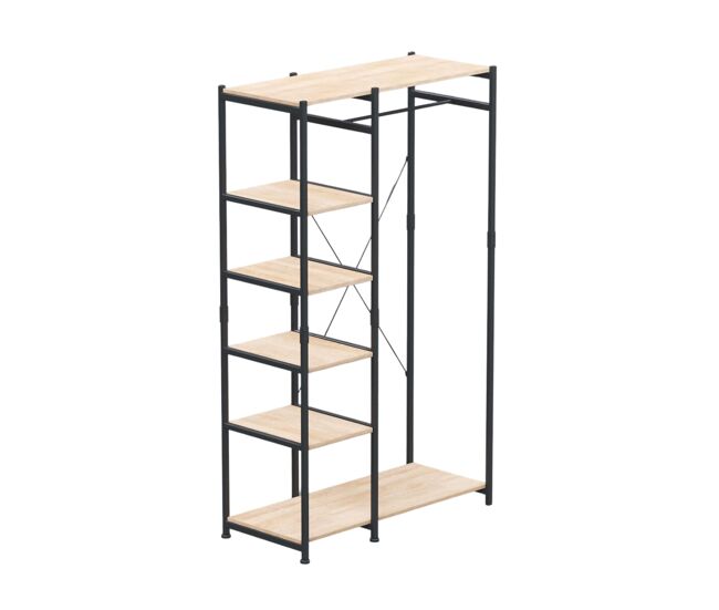 Vestidor armario abierto con 5 estantes aliaj 1 barra colgadora negro y roble claro melamina 100x169 cm
