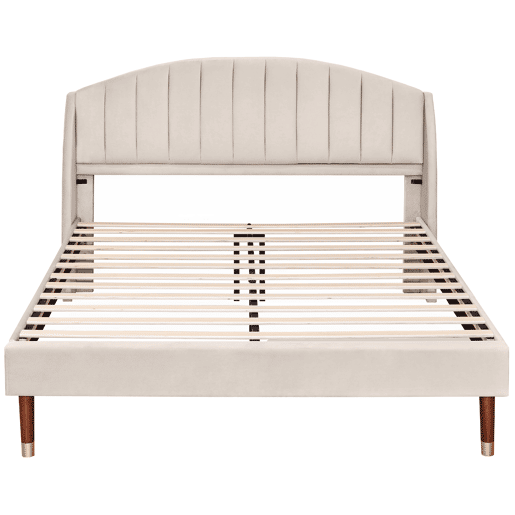 Cama estofada 140x200cm em veludo com estrado de ripas - Bege