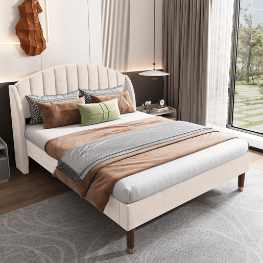 Cama estofada 140x200cm em veludo com estrado de ripas - Bege