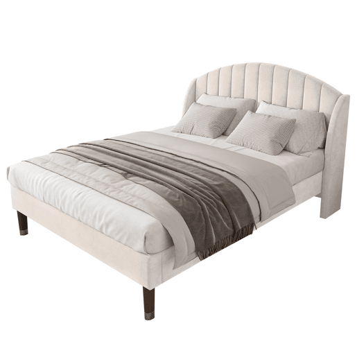 Cama estofada 140x200cm em veludo com estrado de ripas - Bege