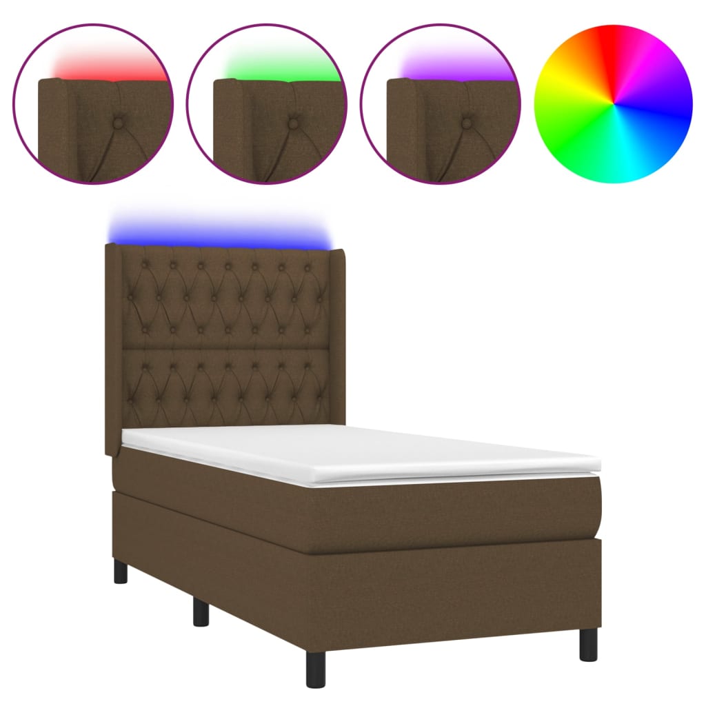 Cama box spring colchón y luces led tela marrón oscuro 90x200cm diseño de botones