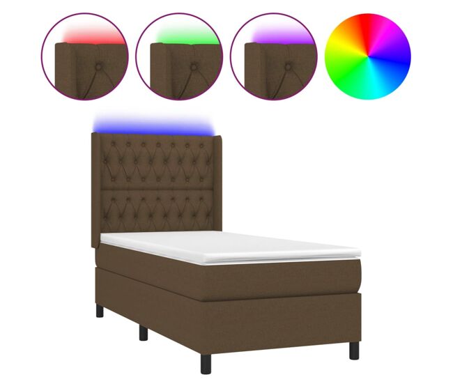 Cama box spring colchón y luces led tela marrón oscuro 90x200cm diseño de botones