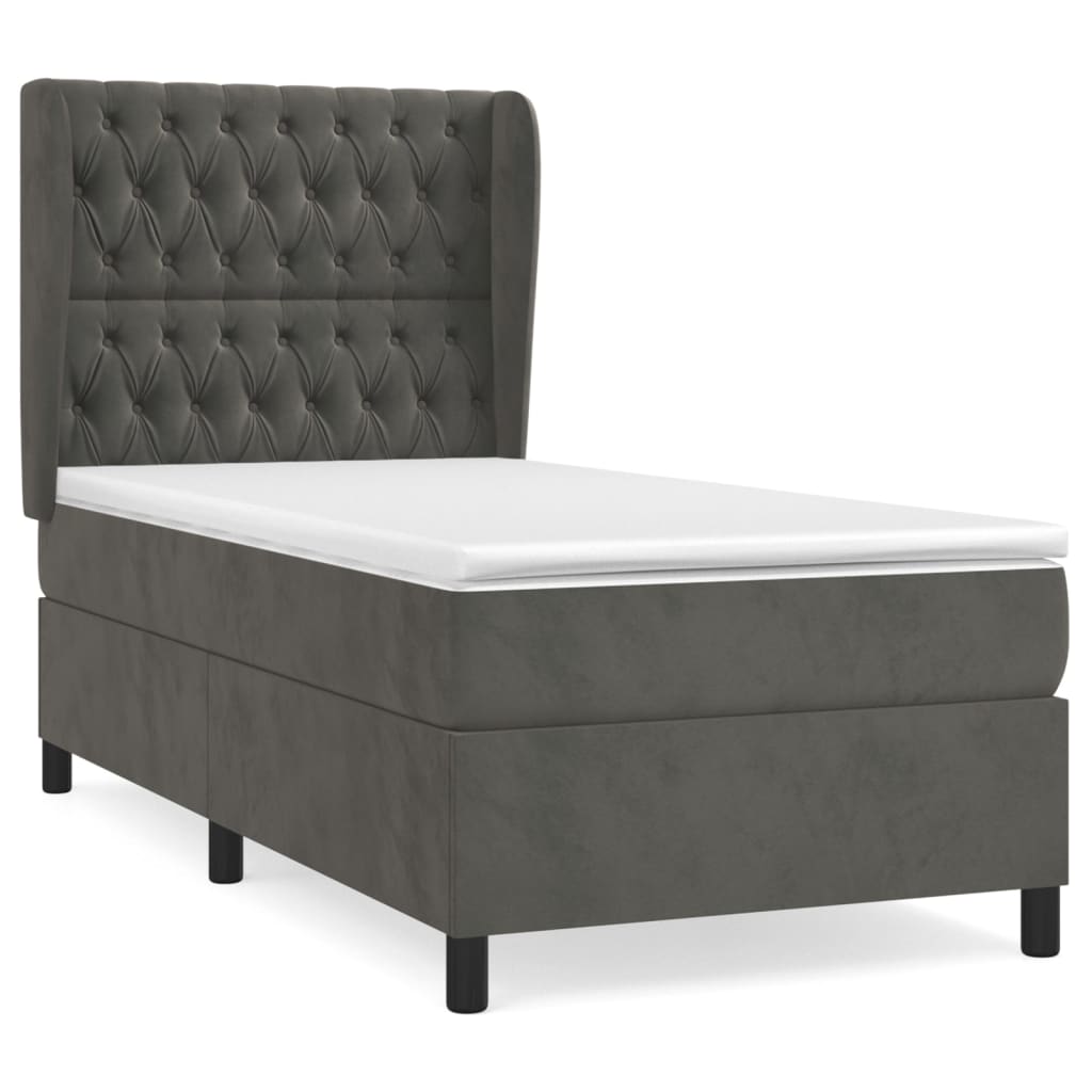 Cama box spring con colchón terciopelo gris oscuro 90x200 cm diseño de botones