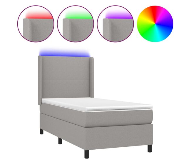 Cama box spring colchón y luces led tela gris claro 90x200 cm diseño plano