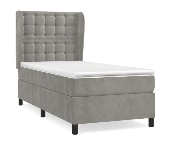 Cama box spring con colchón terciopelo gris claro 80x200 cm botones