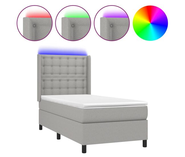 Cama box spring colchón y luces led tela gris claro 90x200 cm botones